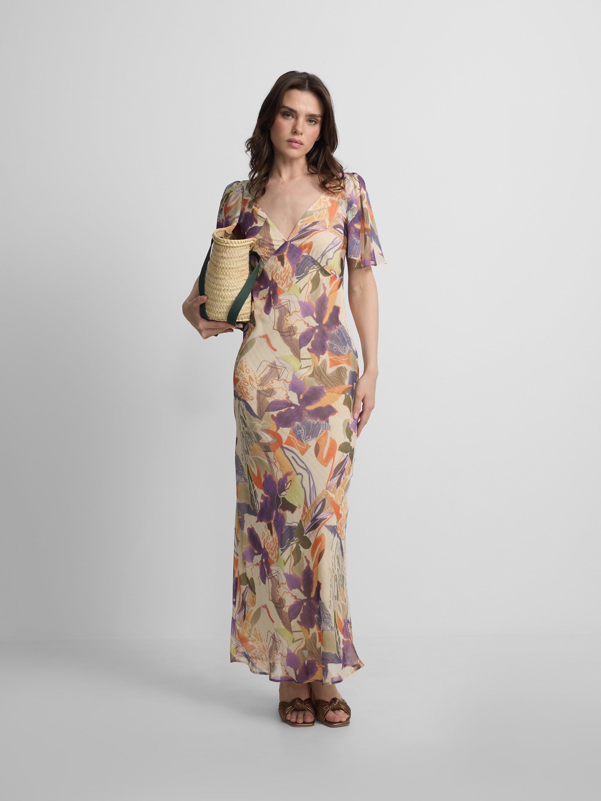 SILBON Vestido Largo Estampado Flores Manga Corta para Mujer