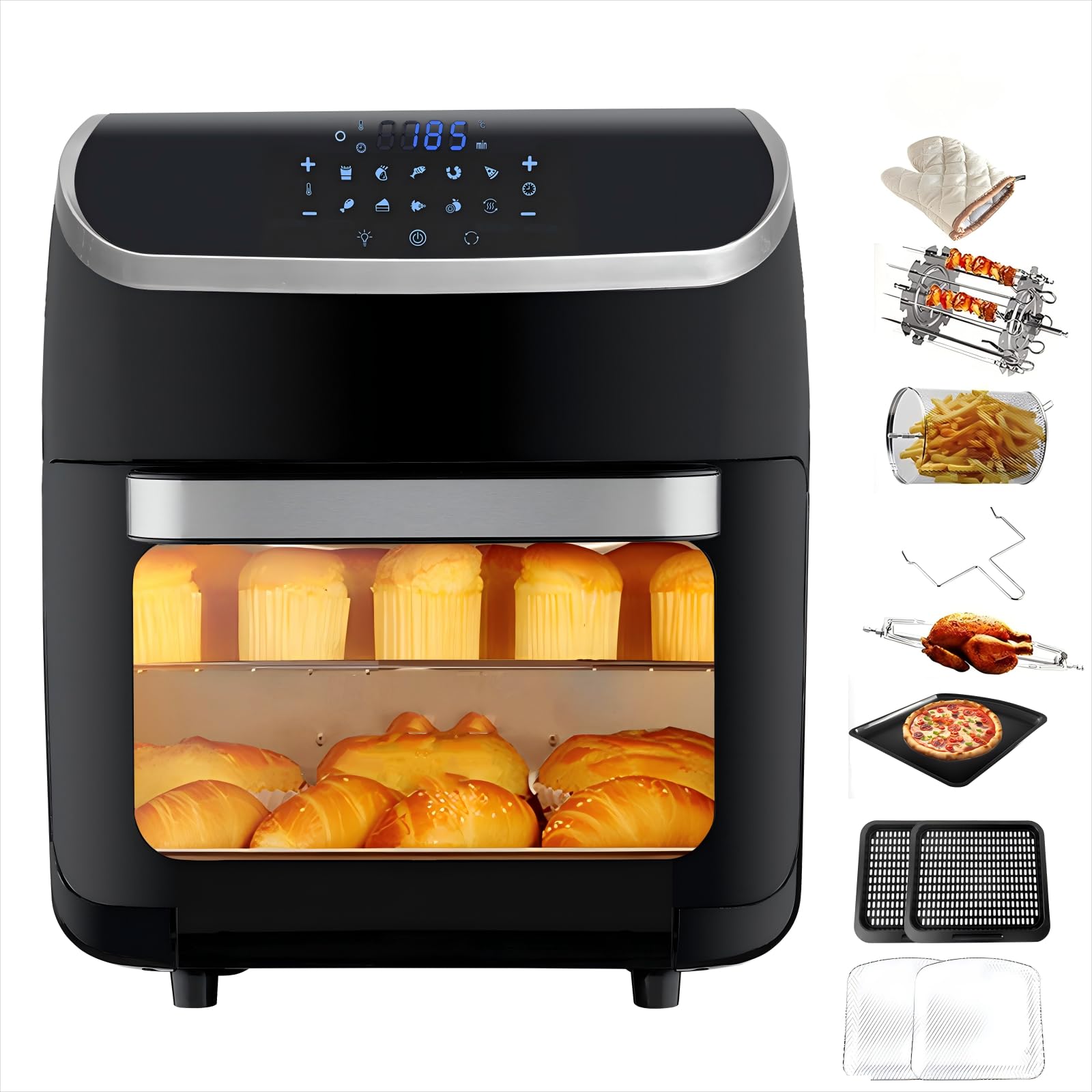 XL 13QT Multifunctional Digital Air Fryer+ Rotisserie, Dehydrator, Convection Oven, 10 Touch Screen Presets Fry, Roast, Dehydrate, Bake, Large Family Size?Easy-View Window, Black