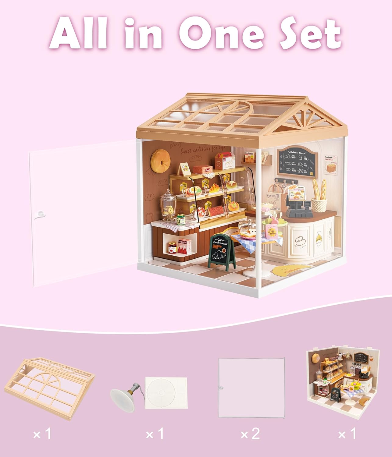 Miniature Bakery Dollhouse Kit - Sunny Pastry Shop DIY Room with Glass Door & Protective Roof & LED Lights - Creative Building Toy for Adults and Teens - Unique Gift Idea