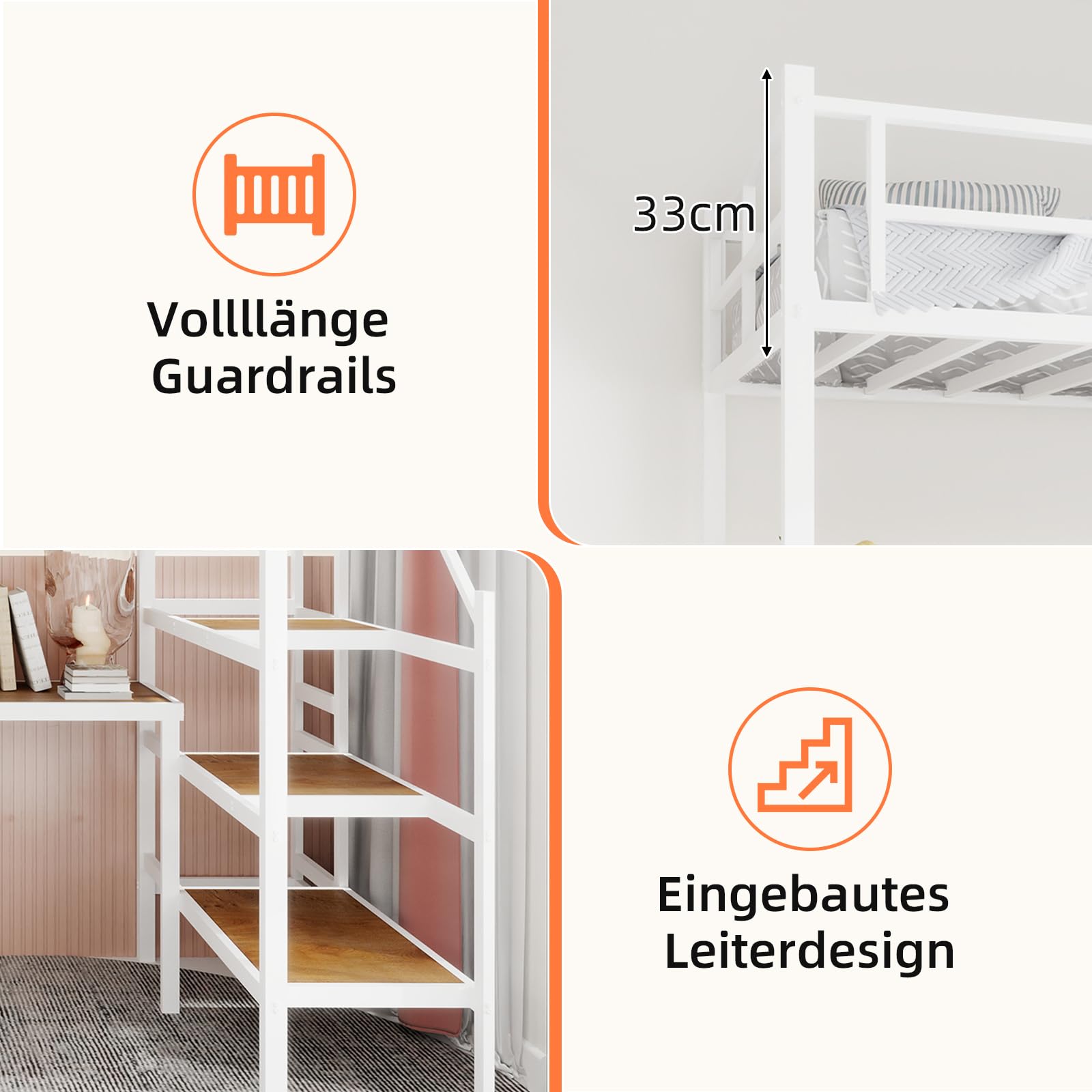 Cama alta de metal 90 x 190 cm, con escritorio, escalera con amplio espacio de almacenamiento y compartimentos, barandilla de seguridad, color blanco (sin colchón)