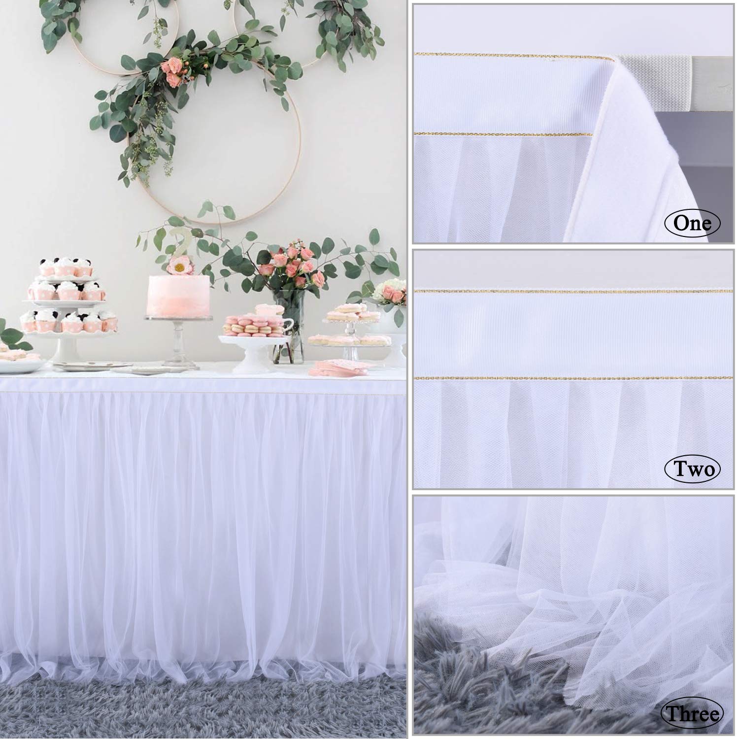 Jupe de table en tulle blanc de 1,8 m avec lumière LED pour mariage, fête Jupe de table en tulle blanc de 1,8 m avec lumière LED pour mariage, fête
