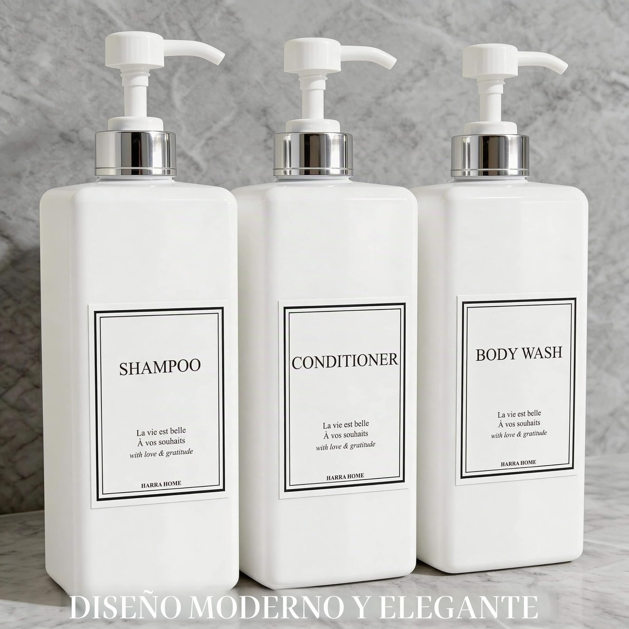 Modern Gold Design - Juego de Botellas con Bomba de 27 onzas, dispensador de champú y acondicionador, Botellas vacías de plástico para Ducha con Bomba para loción de baño, Gel Corporal,