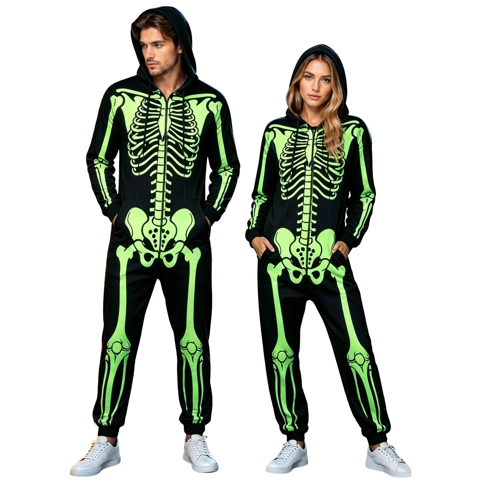 Skeleton Costume, Halloween Costumes Men Skeleton Onesie Adult Horror Skelettkostüme Zip-Up-Kapuze Hooded Jumpsuit Pyjama Nachtwäsche Homewear Fancy Dress Cosplay Kostüm