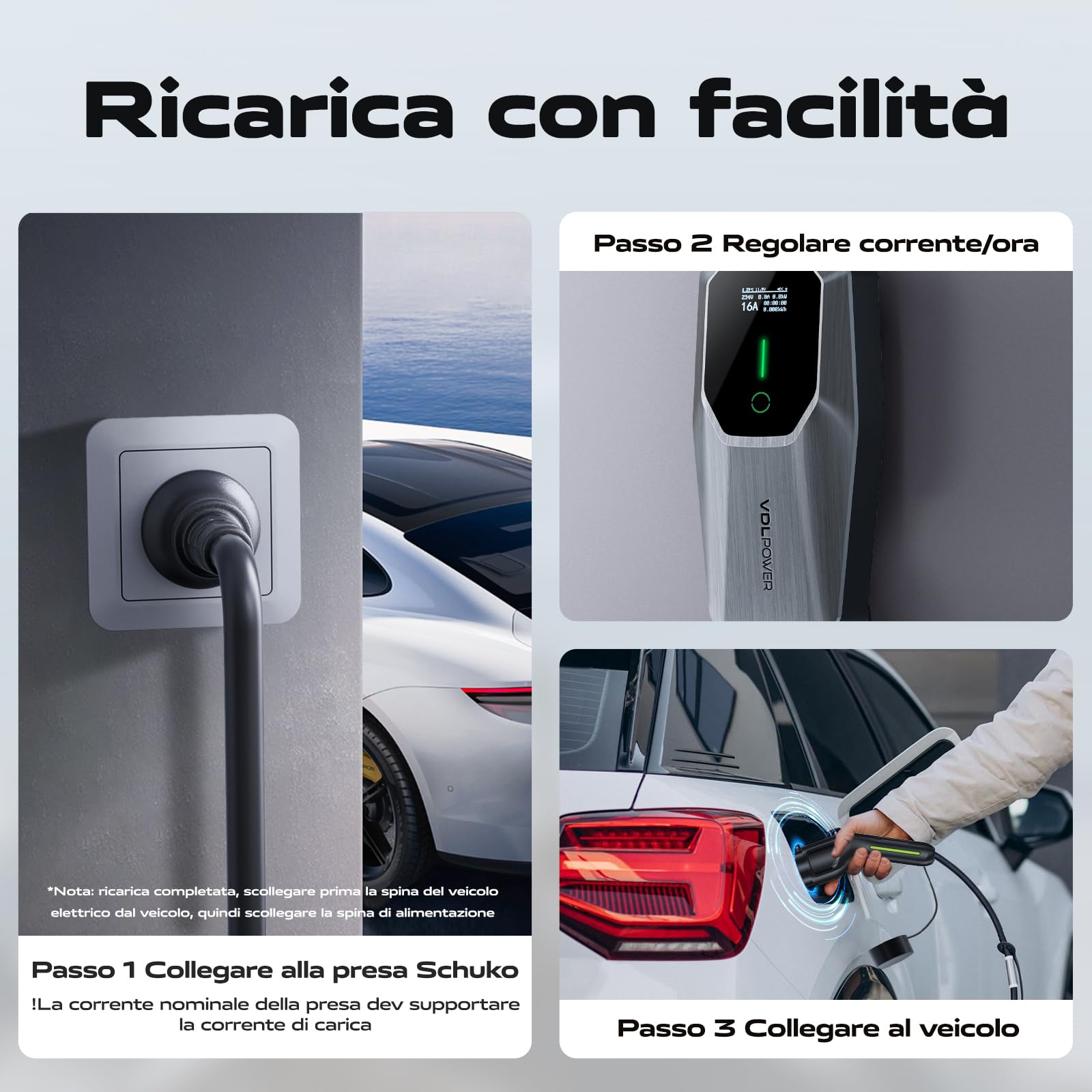 Colonnina Ricarica Auto Elettrica 3.6KW 5M Cavo Tipo 2 Spina Schuko 6-16A Wall EV Box VDLPOWEREU Monofase IP65