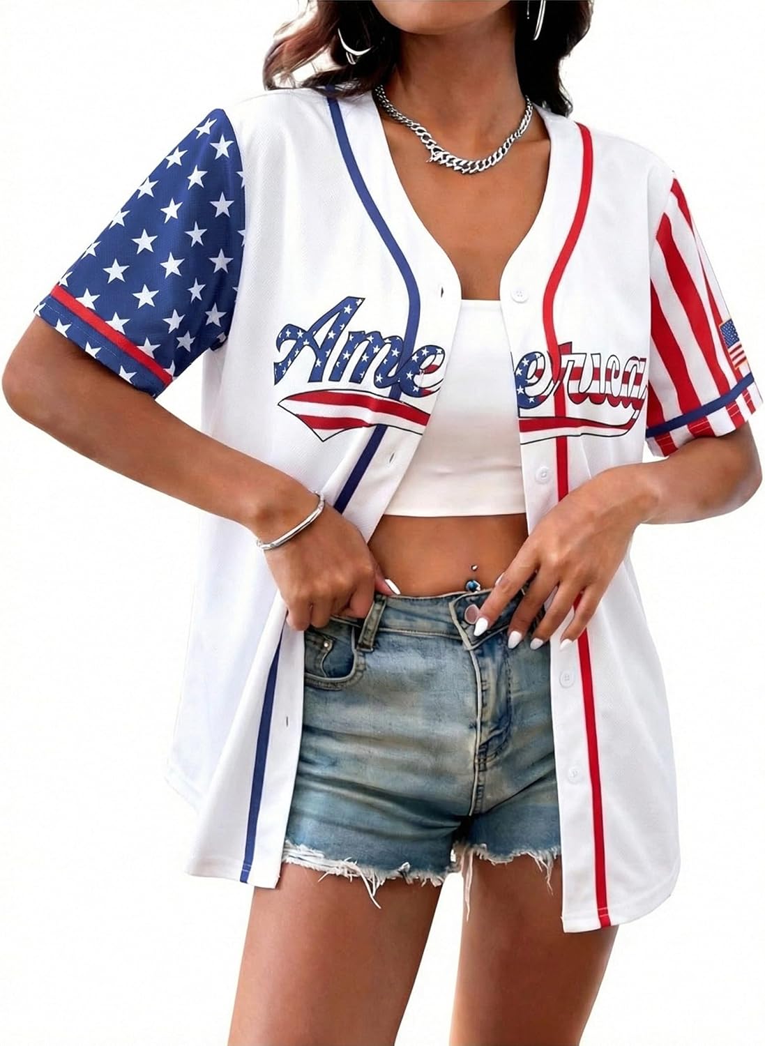 American Flag Jersey Women 250th Anniversary USA Shirt 4th of July Button Down Shirts Patriotic Baseball Tee Top