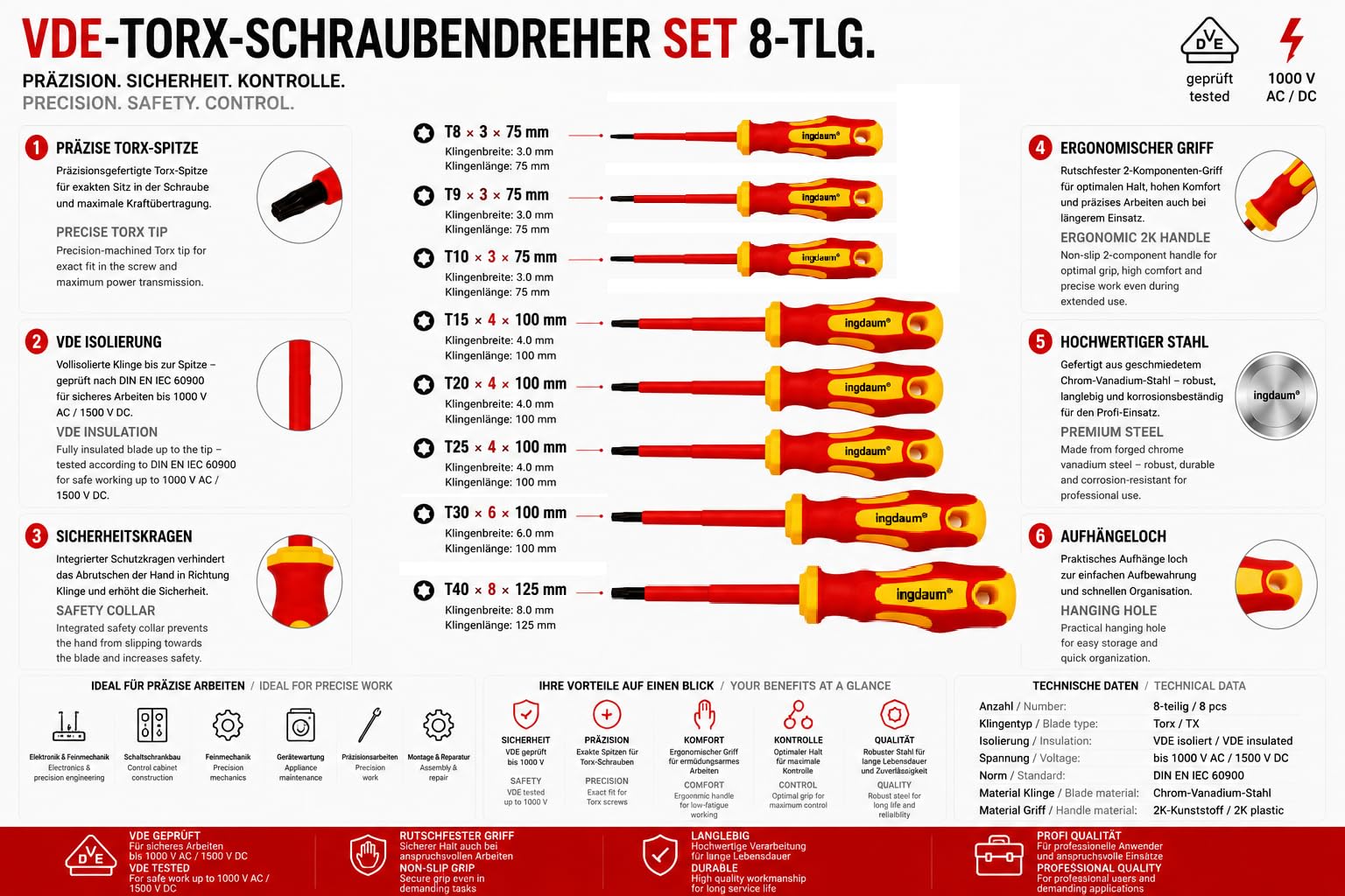 Tournevis Torx VDE TX8,9,10,15,20,25,30 et 40 isolé 1000 V | T8, T9, T10, T15, T20, T25, T30 & T40, Conforme VDE / IEC, Pour installation électrique, À l'unité ou en set
