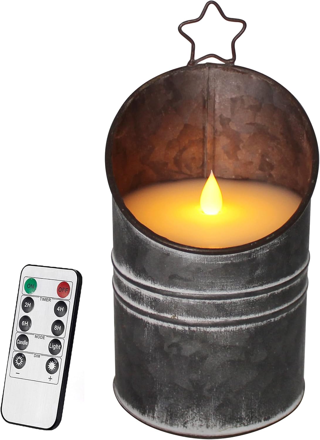 CVHOMEDECO. Vintage Galvanized Can Flameless LED Candle, Real Wax in Antique Galvanized Jar Flickering Candle with Remote Control for Tabletop Wall Decor. H 8 Inch
