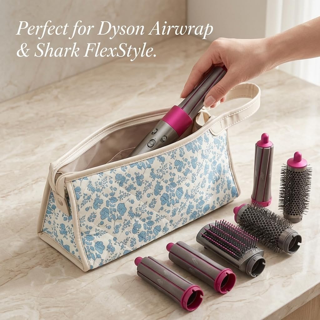 Quilted Hair Tools Travel Bag for Curling Irons & Hair Dryers, Includes Heat Resistant Silicone Mat, Compatible with Dyson Airwrap & Shark FlexStyle, Portable Organizer Case with Handle