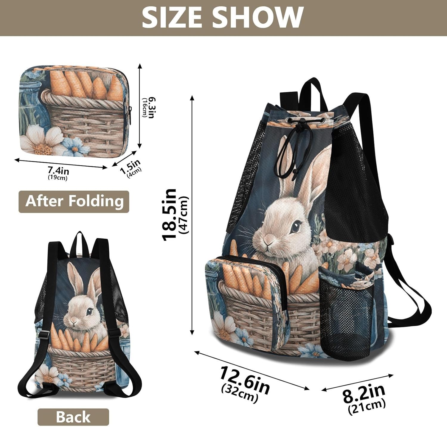 Mesh Gym Swimming Bags for Men & Women, Watercolor Easter Bunny Carrots Flowers Large Drawstring Backpack with Dry-Wet Pocket, Lightweight Gym Bag for Sports, Travel, Beach, Workout Gear