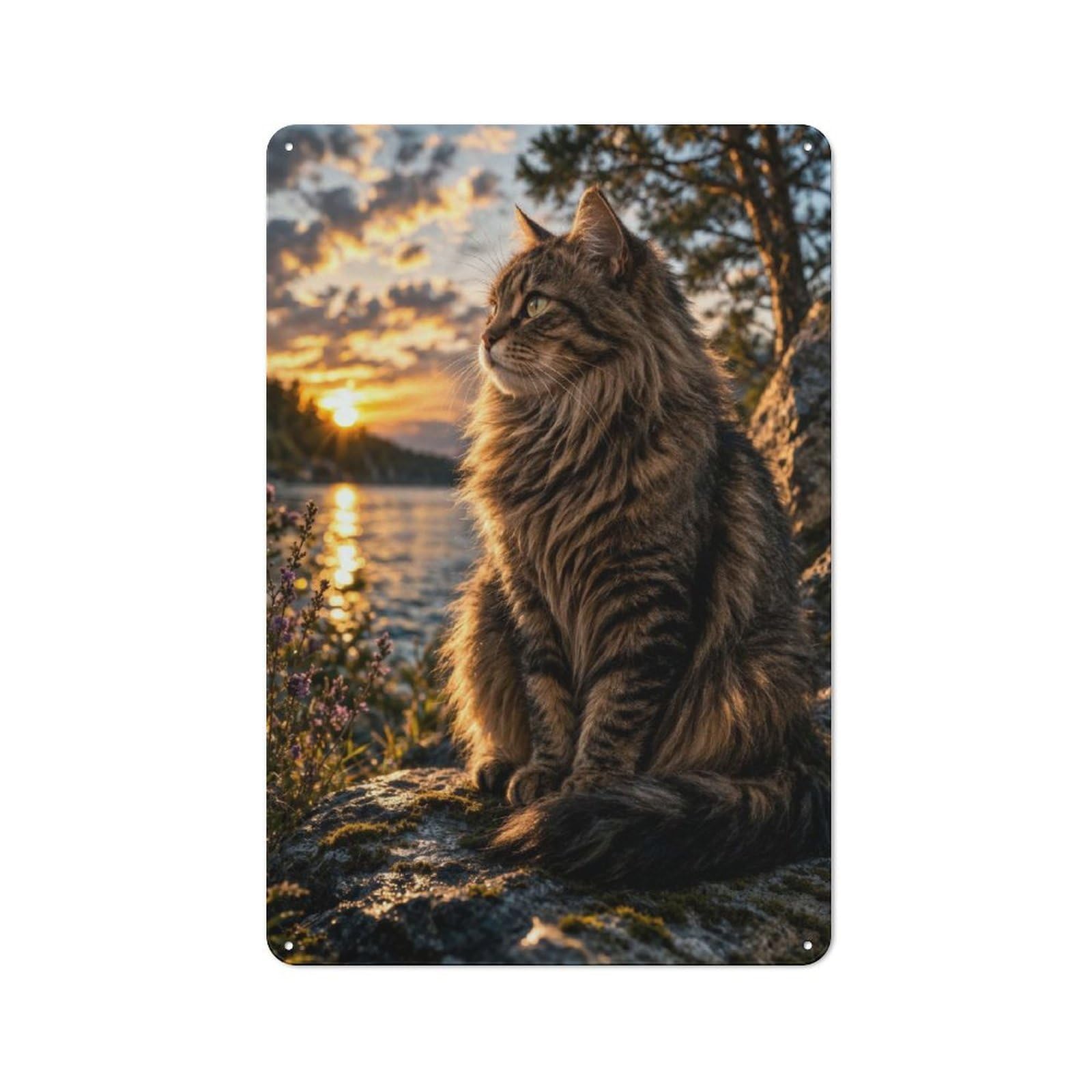 Junmoney Style-12 Cat At Sunset By The Lake Decorative Tin Sign 30X20cm, Country Country Wall Plaque For Dining Room, Cafe, Entryway Or Family Room
