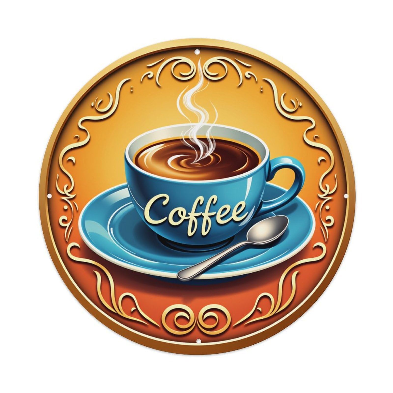 Coffee Cup Saucer Spoon Steam Vintage Metal Tin Sign Retro Wall Decor for Home Bar Garage Cafe, Indoor & Outdoor Decorative，circle Metal Poster, 8x8 Inch