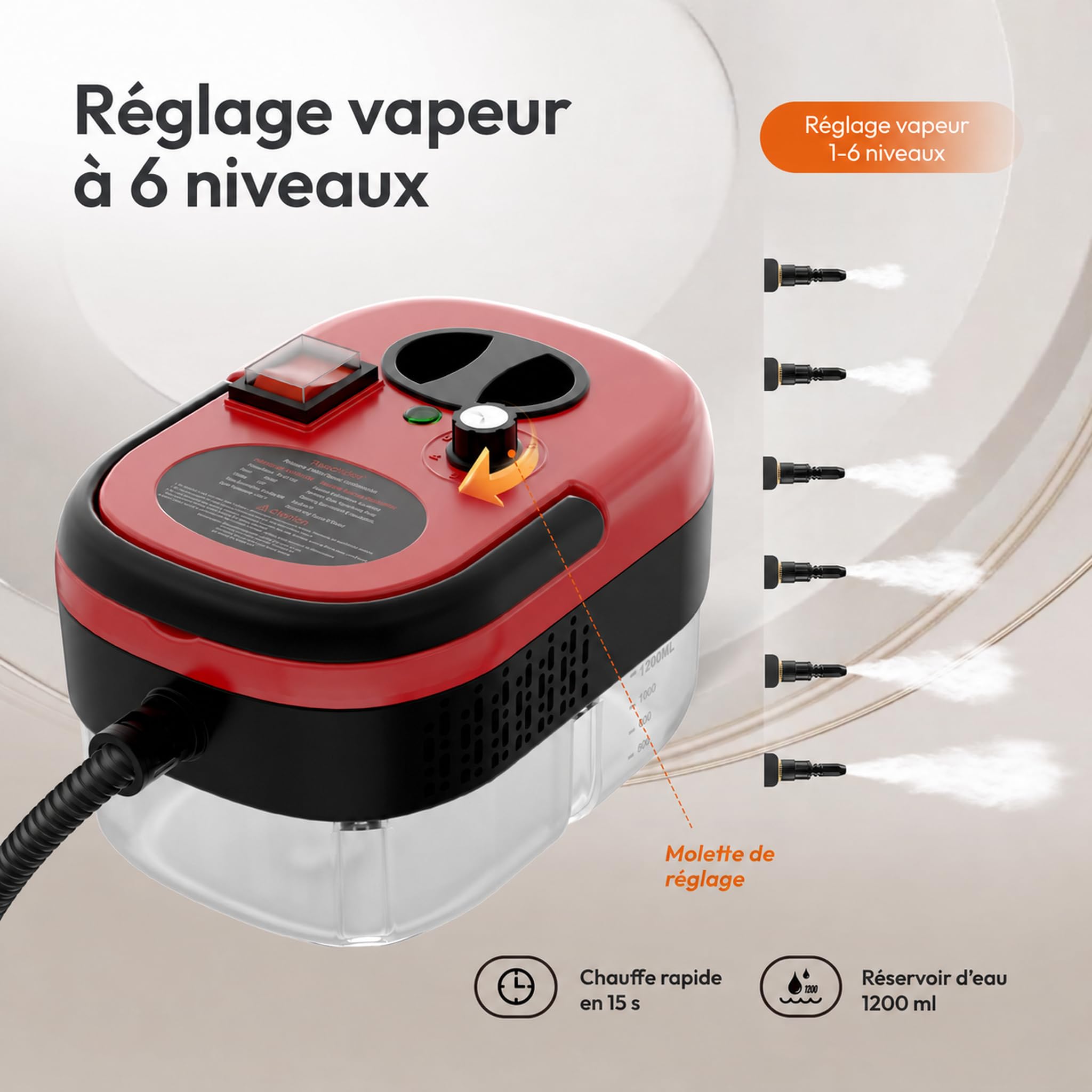 Nettoyeur Vapeur, Steam Cleaner Haute Pression, Réservoir d'eau 1,2L,Rouge