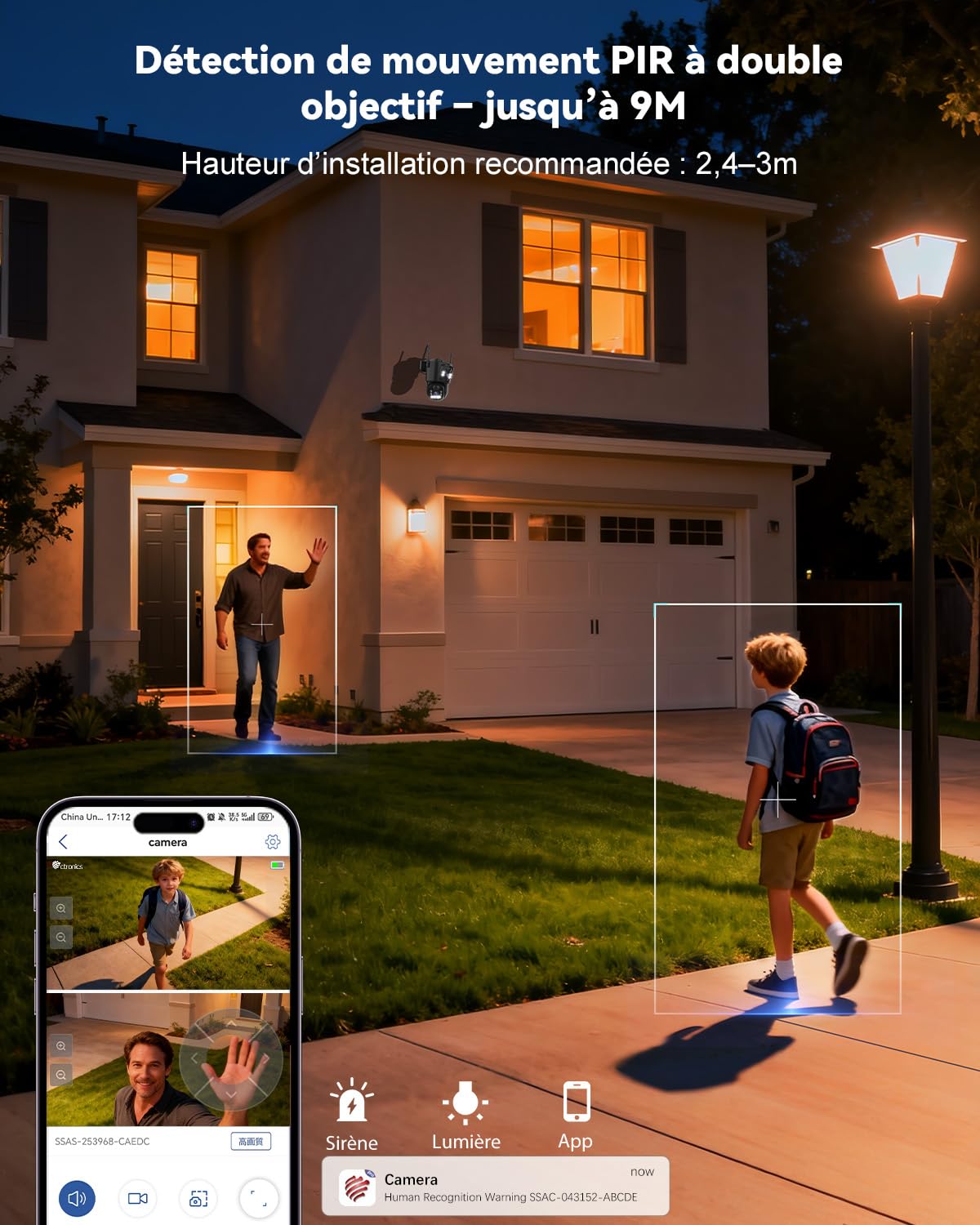 Ctronics Double Objectif Camera Surveillance WiFi Exterieure sans Fil, 2.4/5GHz WiFi Caméra, 8W Panneau Solaire & 10400mAh Batterie, Double PIR, Vision Nocturne Couleur, 128GB TF/Cloud/PC, IP66 - 4
