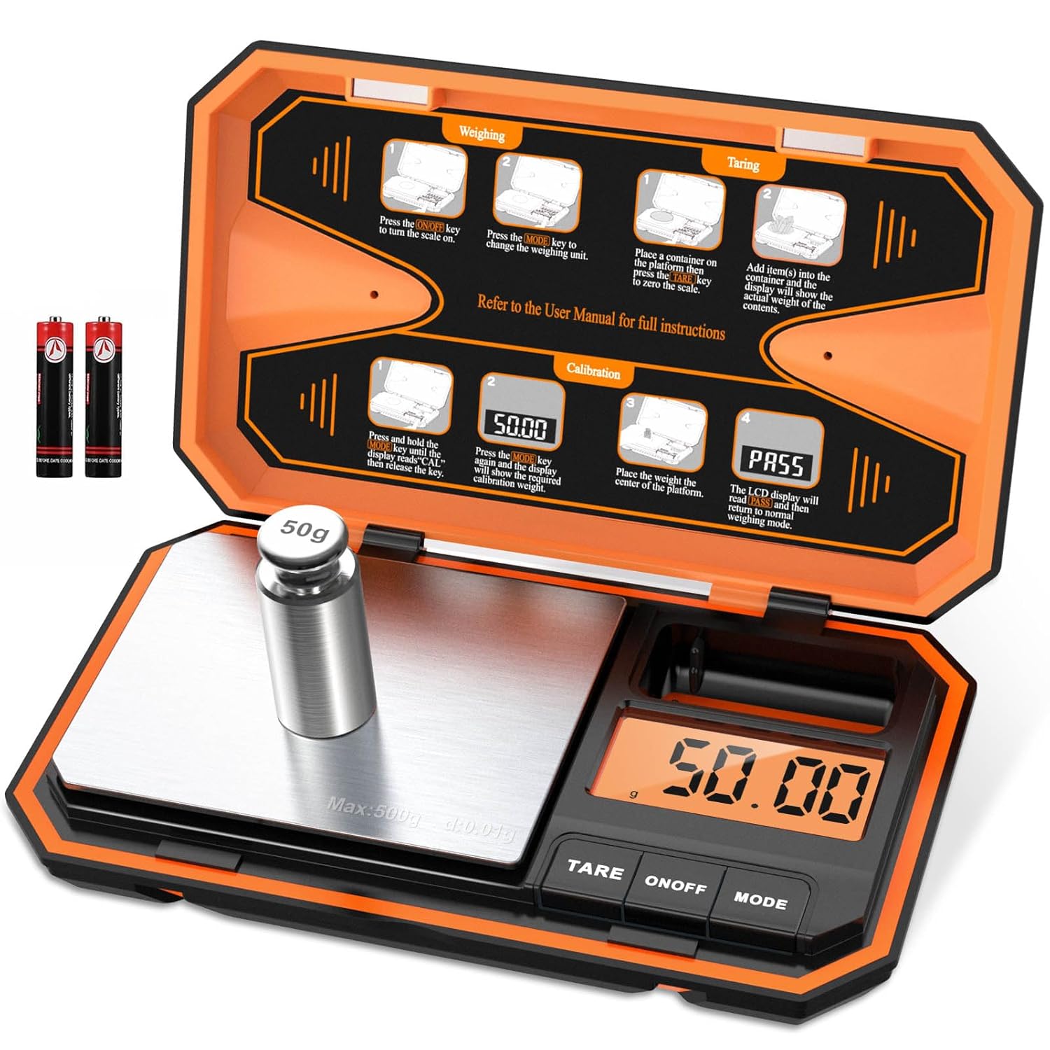KeeKit Digital Pocket Scale, 500g x 0.01g High Precision Gram Scale with Tare & Backlit LCD for Kitchen Food, Coffee, Jewelry, Coin, Includes 50g Weight & Battery (Orange)
