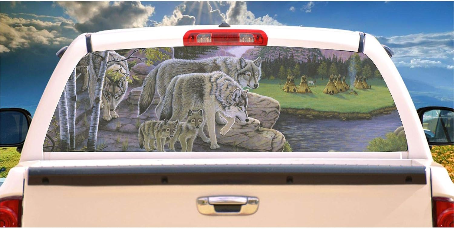 TIRE COVER CENTRAL Path of the Wolves with Wolf pup Rear Window Mural, Decal, or Tint(Choose Size or Send Your own Measurements)