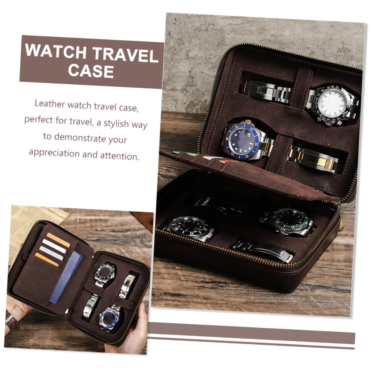 LIFKOME Caja de Relojes de Viaje 4 Ranuras en Cuero Café para Hombre | Cierre Cremallera, Dos Compartimentos Laterales, Diseño Delgado y Formato Portátil