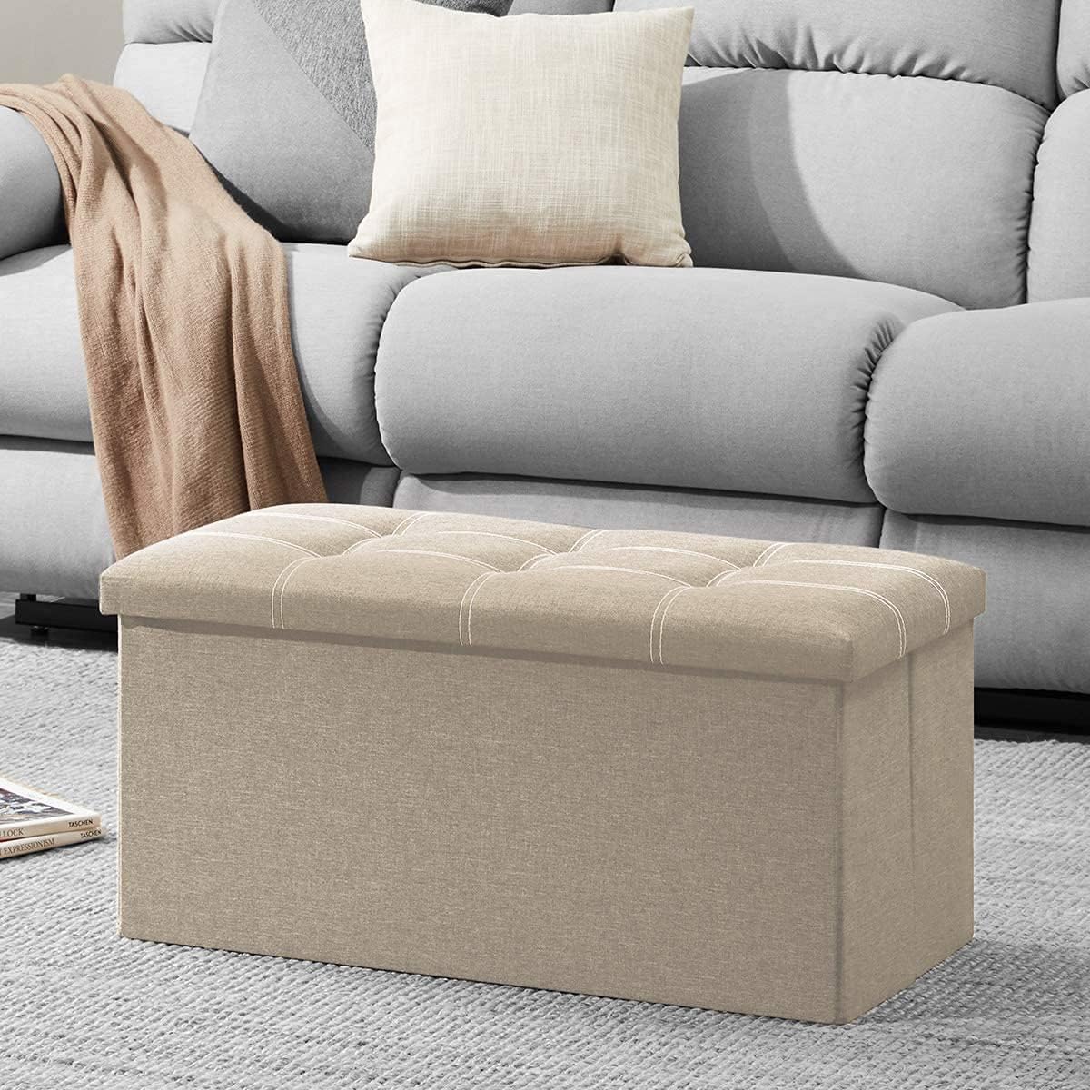 Mofish 15/30 inches Storage Ottoman Cube, Foldable Storage Boxes Footrest Step Stool, Padded Seat for Dorm Living Room, Support 350lbs, Line Fabric (Beige)