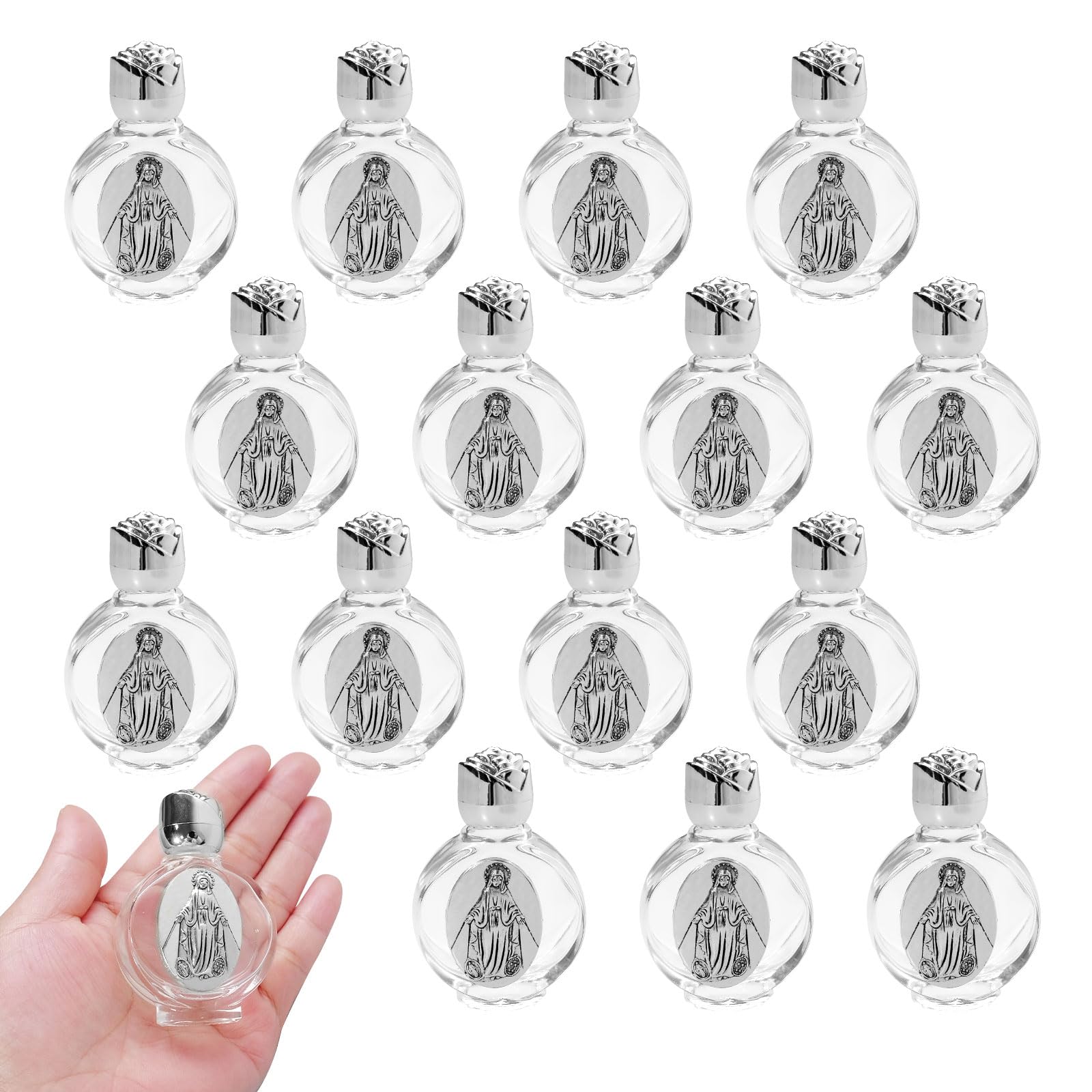 TANEMUDO 16 Pcs Glass Holy Water Bottles 0.5 Floz with Embossed Portable Little Bottle Glass Travel Empty Bottles Church Decorations for Girls Home Wedding Party Favors (Silver Virgin Mary Devotional)