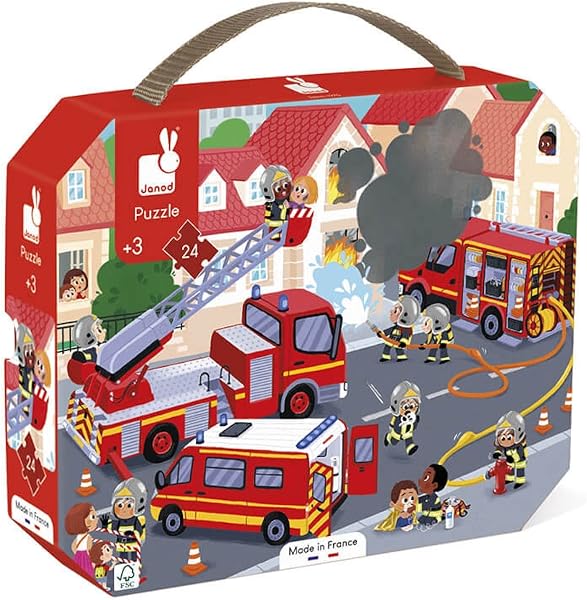 Le puzzle Janod Pompiers 24 pièces, présenté dans sa valisette pratique.