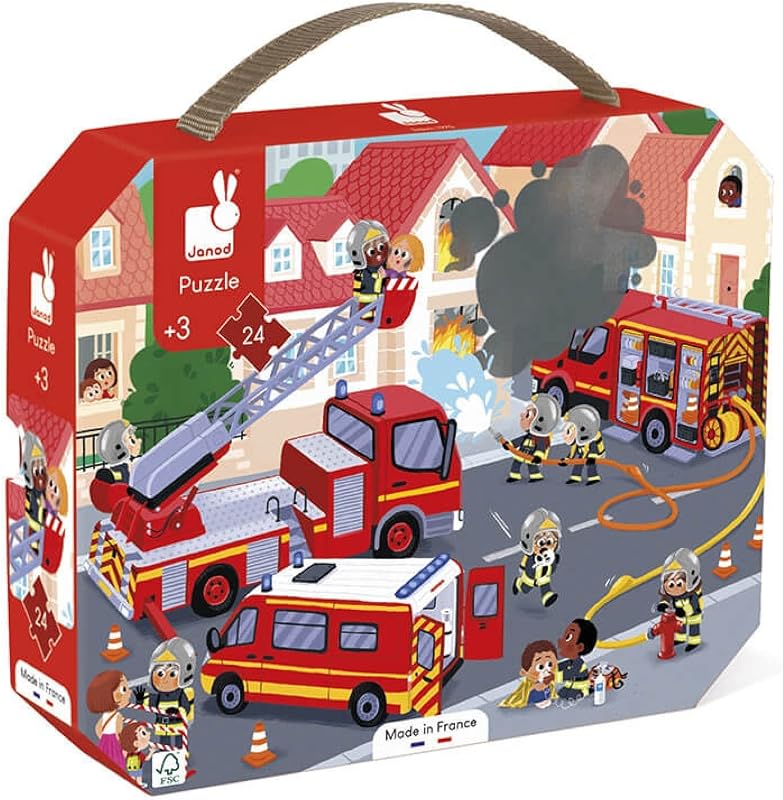 Janod - J02605 - Puzzle Enfant Pompiers 24 Pièces - Jeu Educatif Motricité Fine et Concentration - Valisette Poignée - Fabriqué en France et Certifié FSC - Encres Végétales - Dès 3 Ans, Multicolore