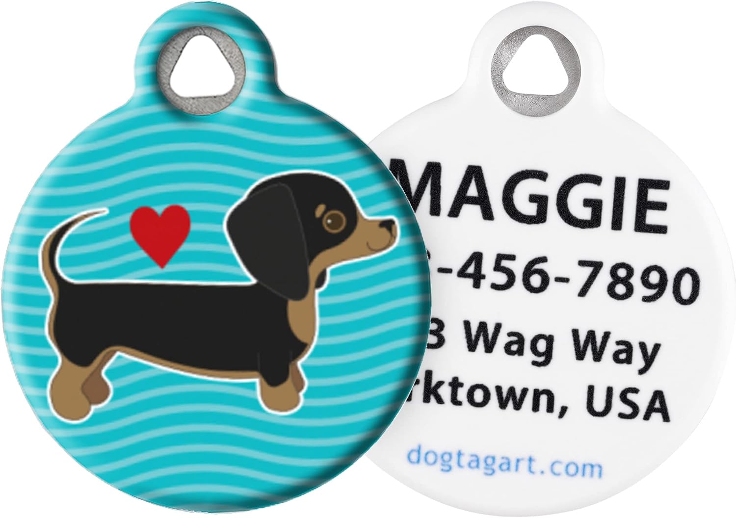Dog Tag Art Dachshund Puppy Love Personalized Pet ID Tags for Dogs, Silent Dog Tag with Customized Identification Information - Large 1.25" Diameter