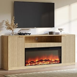 Evermagin 67" Oak Fluted Fireplace TV Stand for TVs up tp 75", Mid-Century Modern Entertainment Center with Storage Cabinets and Doors, Wood Media TV Consoles for Living Room and Bedroom