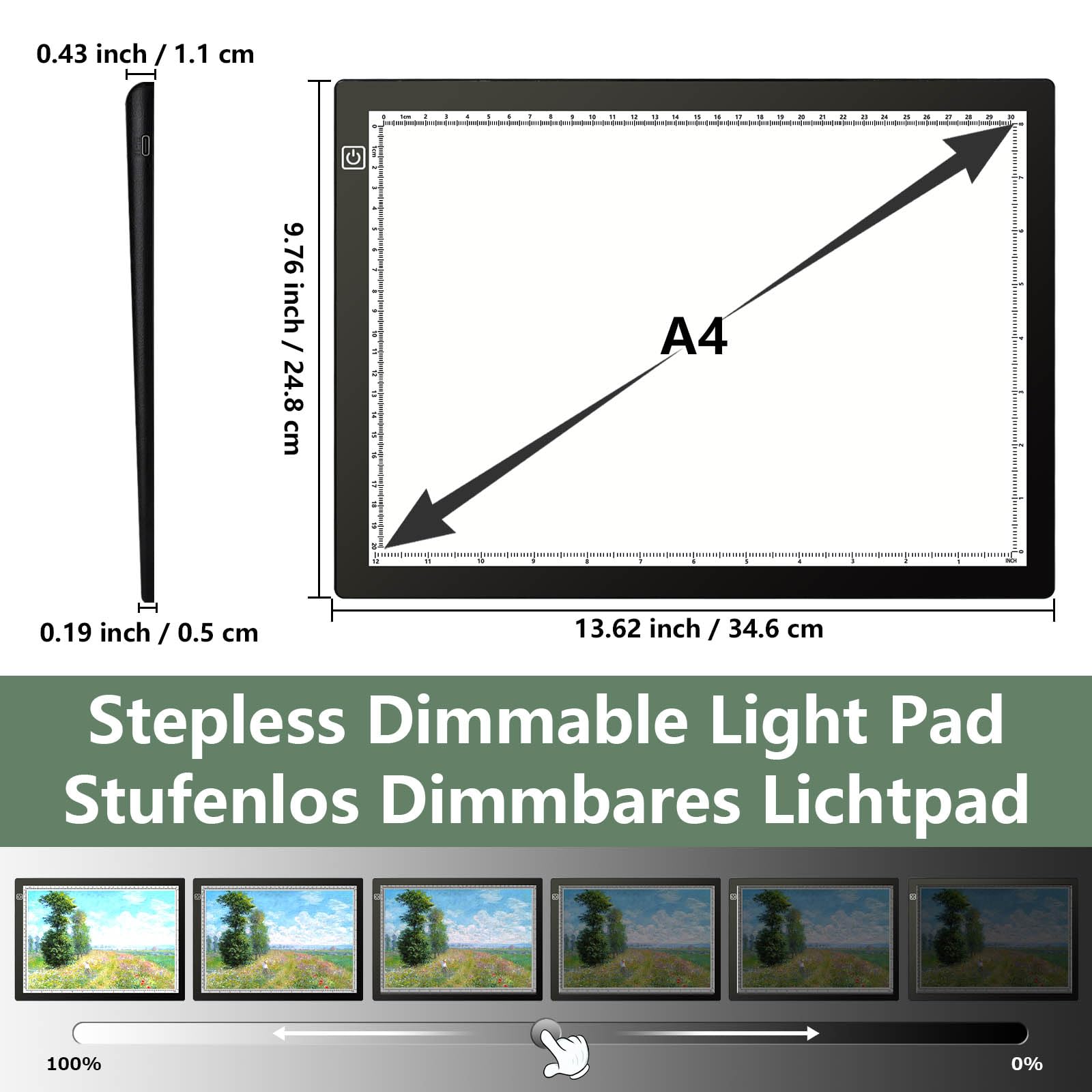 Lampenständer A4, kabellose Leuchtbox mit Ständer und oberem Magnetclip, 3 Farbtemperaturen, stufenlos dimmbare wiederaufladbare Leuchttafel für Diamantmalerei, Skizzieren