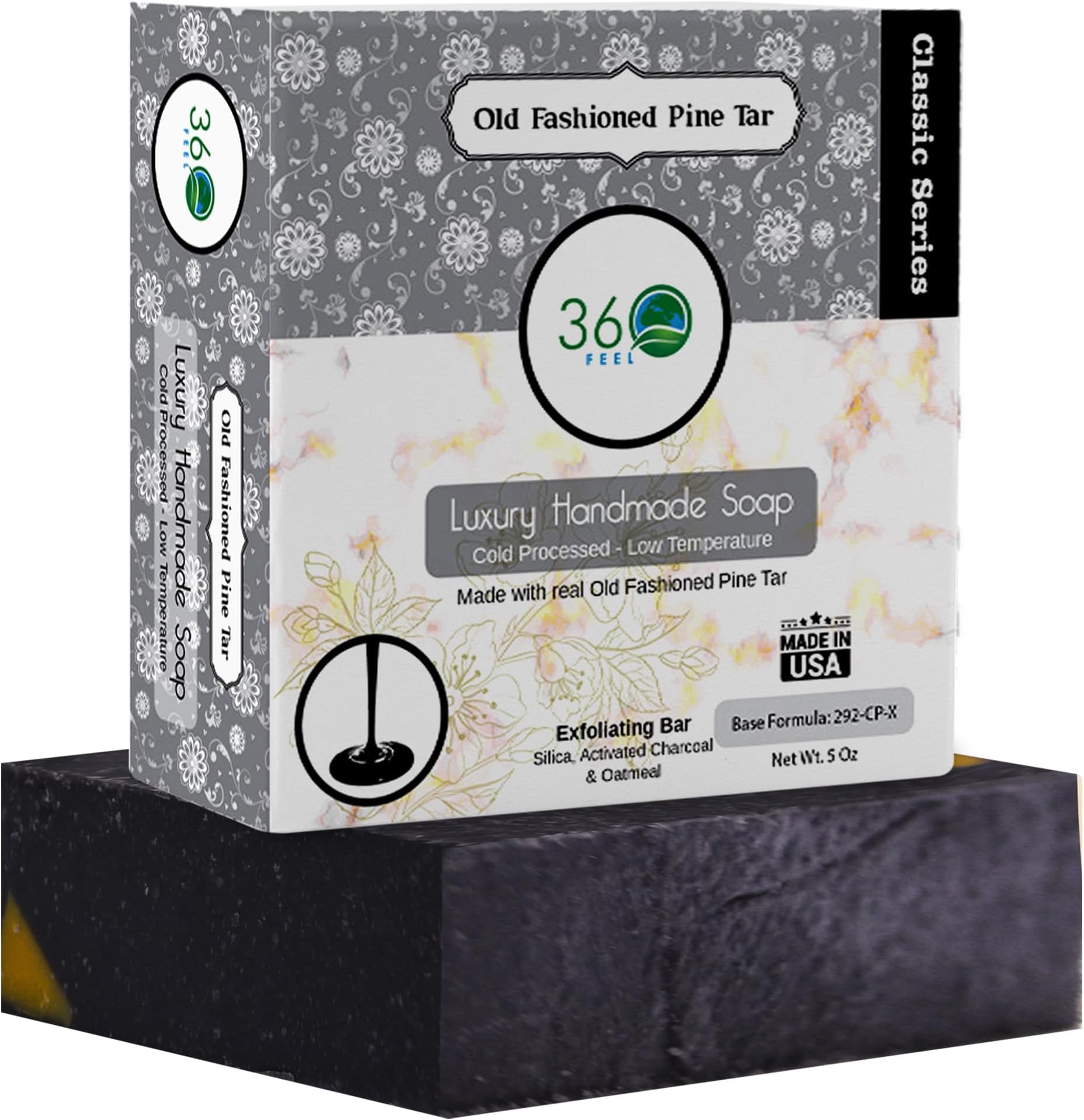Pine Tar Bar Soap - Made in The USA - Castile Handmade, All-Natural, Cold-Processed - Infused with Pine Tar for Relaxation & Calm - Rich, Creamy Lather - (5oz)