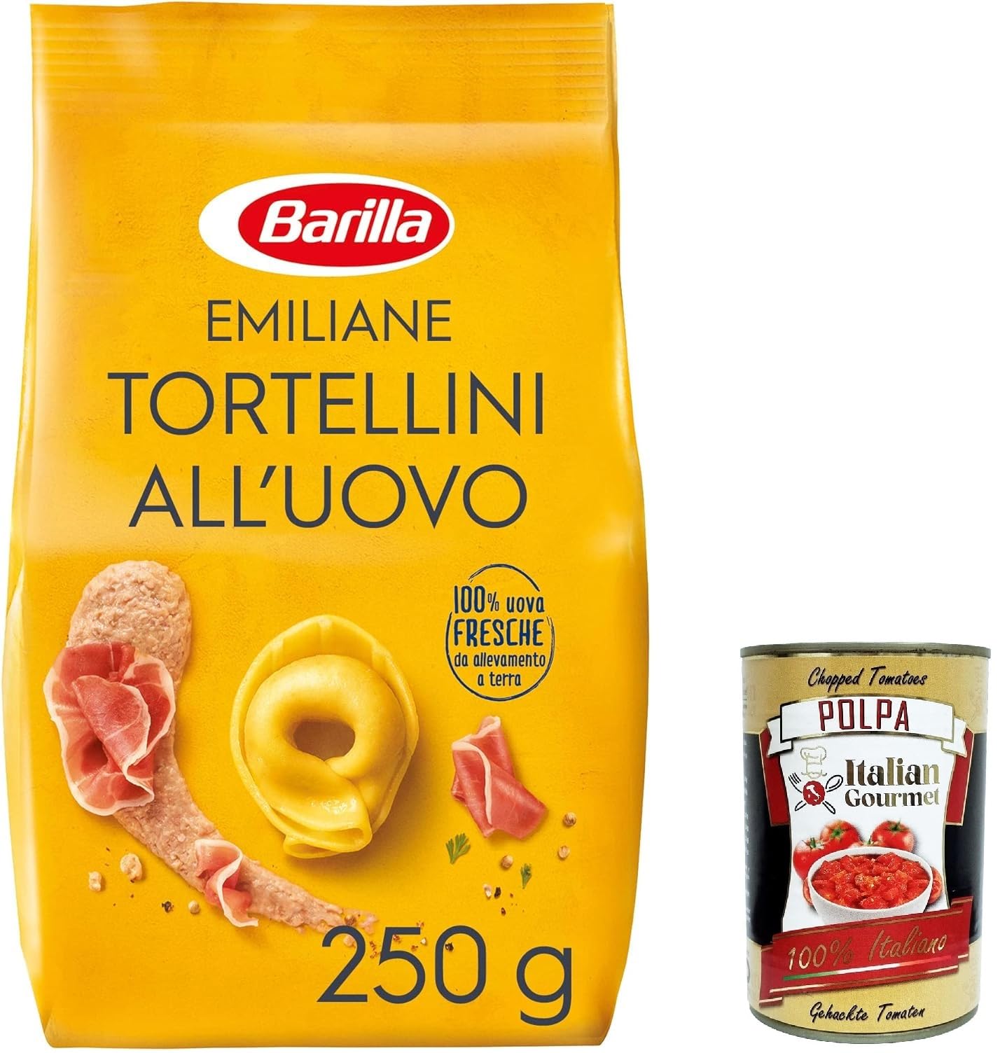 Italian Gourmet Le Emiliane Tortellini prosciutto crudo Eierpasta 12 x 250g | Ripieno saporito in sfoglia all'uovo; schnell serviert mit Butter, Salbei, Gesamtnettogewicht 3 kg + Kostenlos Polpa 400g