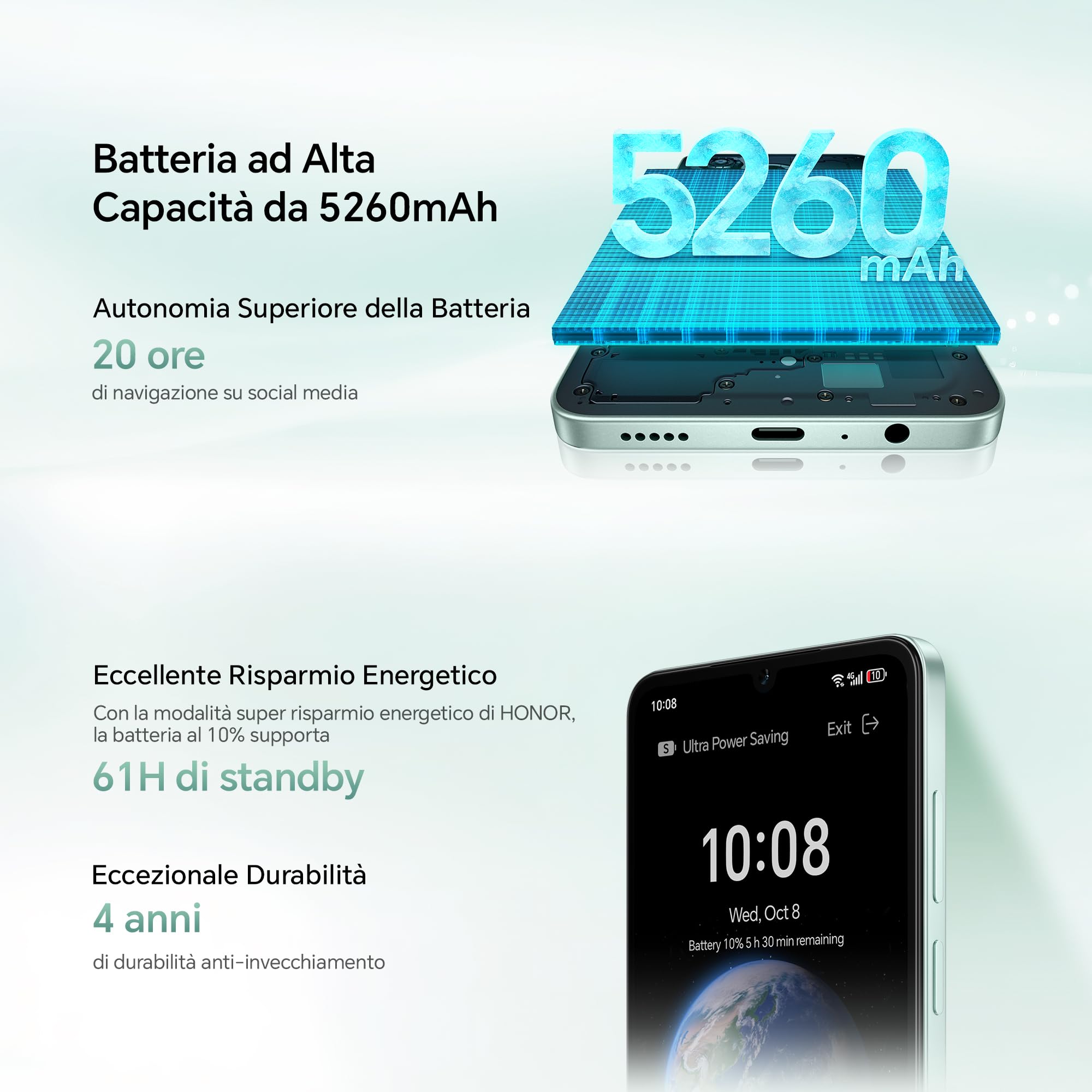 HONOR X5c Plus Smartphone,5260 mAh, 4G RAM/128G telefono con Display 6,74 pollici 90 Hz, Fotocamera 50+5MP, Android 15, Octa-core cellulare impronta digitale e riconoscimento facciale, Ocean Cyan