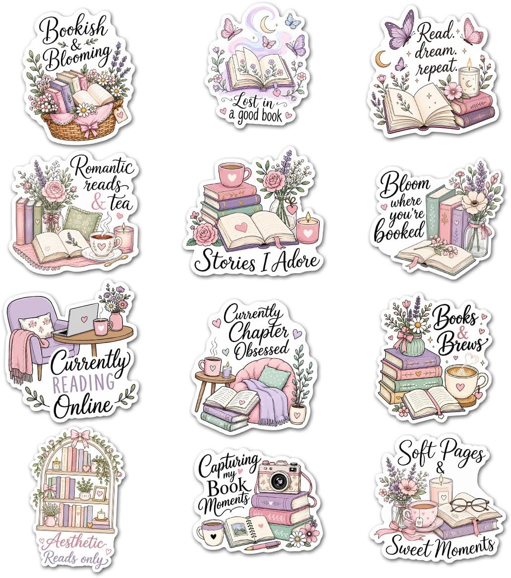 12Pcs Bookish Girl Sticker Bundle Cute Reading Cozy Book Lover Aesthetic