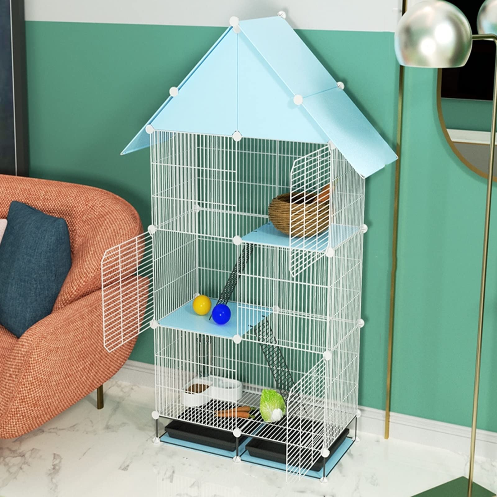 Generico Conigliera da Interno - Gabbia per Conigli a 3 Piani con vassoi Estraibili Facili da Pulire, recinto Fai da Te per Animali di Piccola Taglia, Design Extra Denso, Blu (75x39x1 cm)