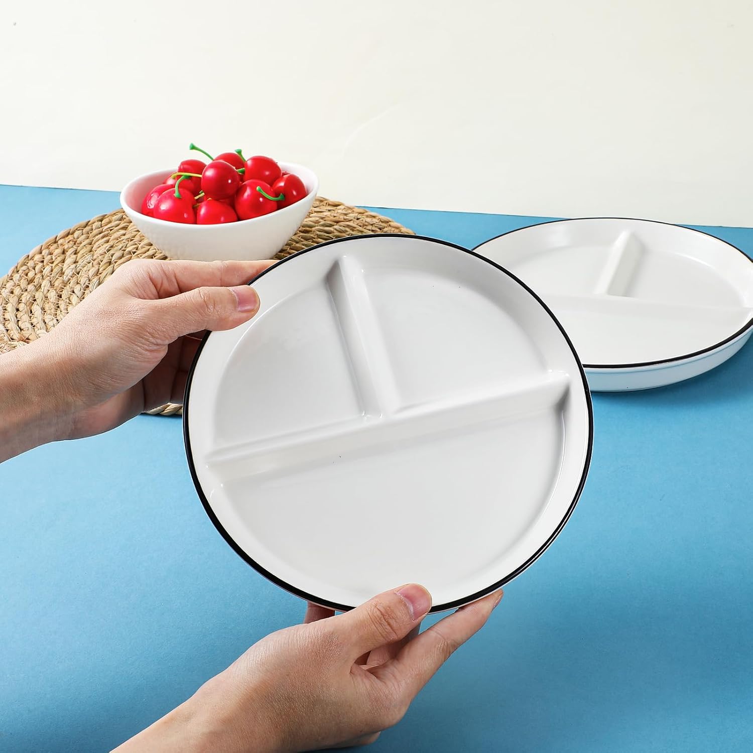 Ceramic Divided Plates Set of 2Pcs, 8 Inch Portion Control Plate, Reusable Bariatric Plate for Adults, 3 Compartment Plates, White Dinner Plates for Balanced Meal, Microwave, Dishwasher Safe