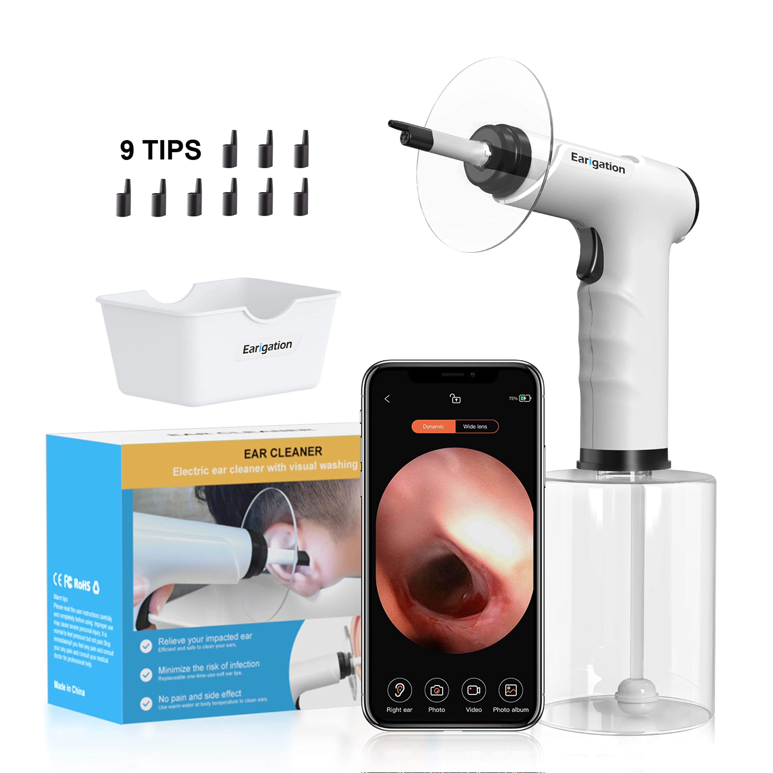 Ear Wax Removal Tool, New 2023 Earigation Electric Ear Cleaning Kit Includes 1080P Camera & Video with Light, Works with iOS & Android - Includes Basin, Towel & 9 Tips, Earwax Irrigation Kit,