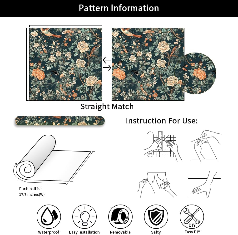 18"x236" Boho Green Peony Birds Forest Floral Peel and Stick Self Adhesive Wallpaper Removable Contact Paper Stick on Easy Peel Off Wall Paper for Kitchen Bedroom Bathroom Renter