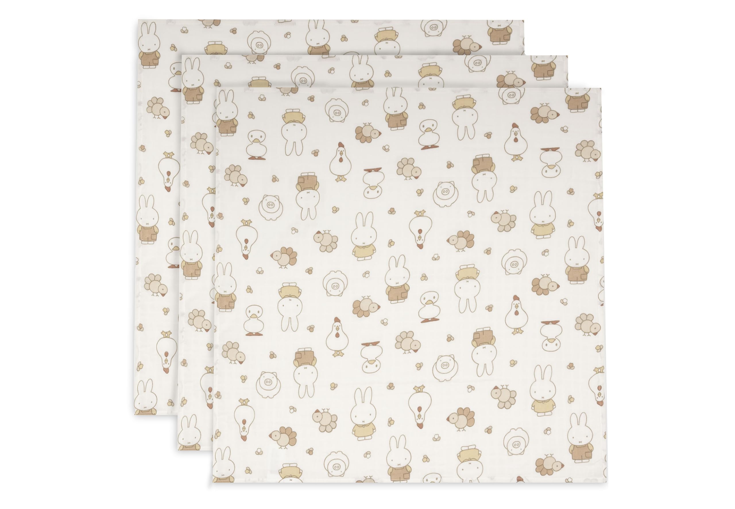 Jollein Muslin Cloths - Miffy Family Farm - 70x70cm - 3 Pack - 100% Cotton - Baby Burp Cloths - OEKO-TEX Certified