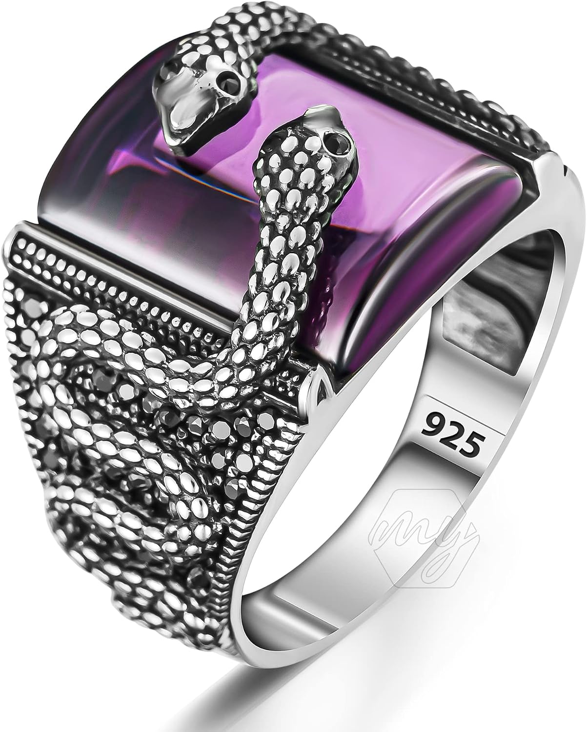 925 Sterling Silver Purple Amethyst Snake Design Men's Ring