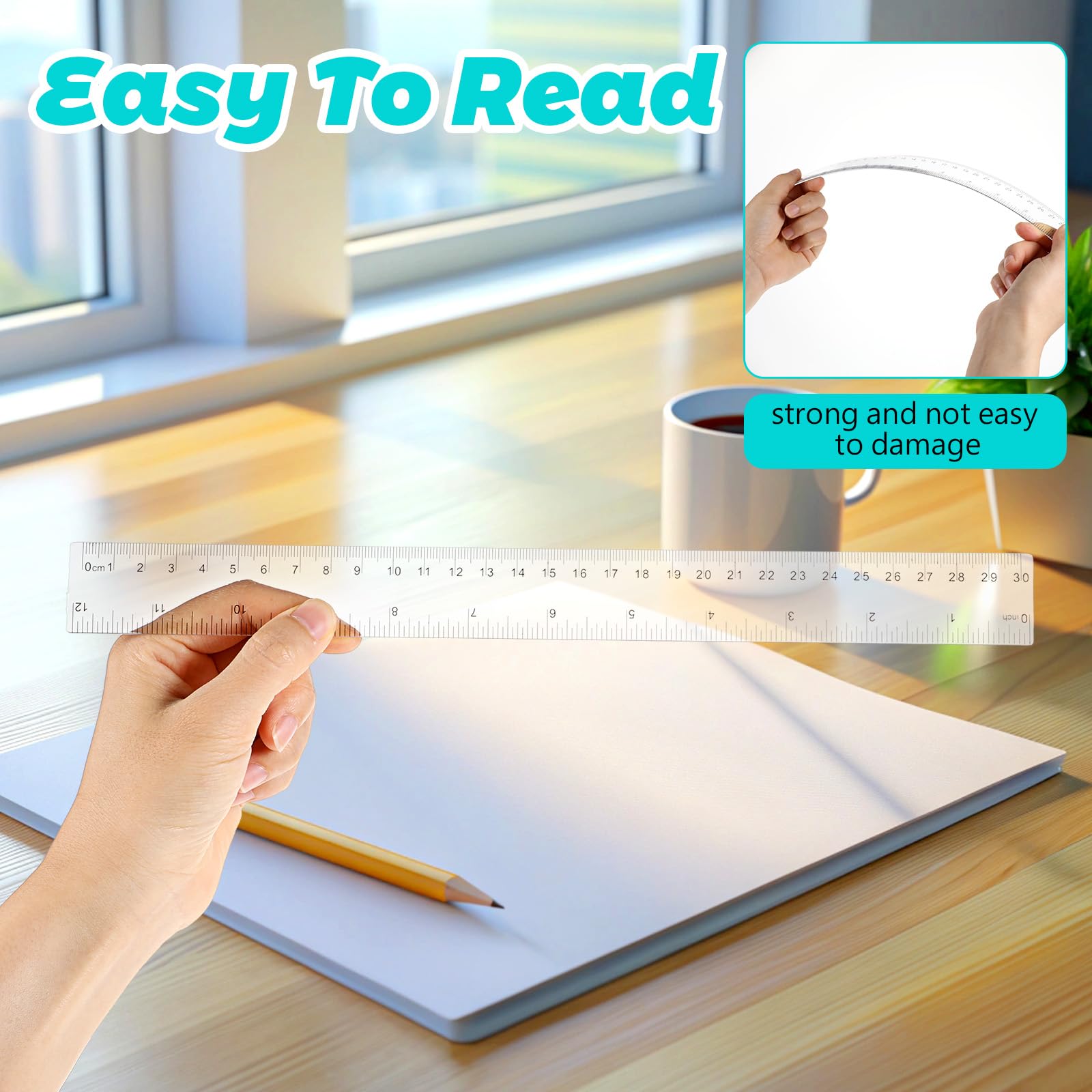 6PCS Small Clear Ruler 1 Set Plastic Geometry Set Includes 12 Inch 6 Inch Student Transparent Straight Rulers, 6" 4" Math Protractor, 30/60 and 45/90 Triangle Kids Ruler for School Office Supplies - Image 5