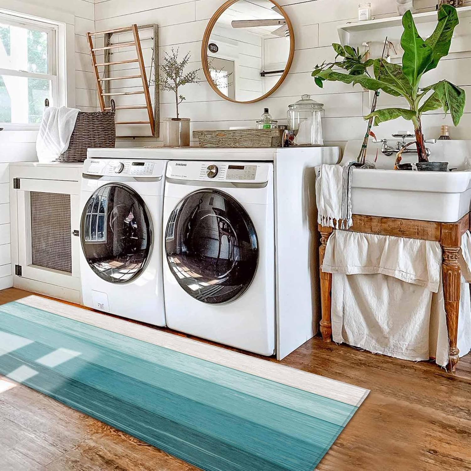Kitchen Mats for Floor Rustic Teal White Ombre Wood Grain Washable Non Slip Kitchen Rugs 2PCS, Vintage Farm Wooden Plank Absorbent Standing Mats for Sink Office Living Room 15.7x23.6in+15.7x47.2in