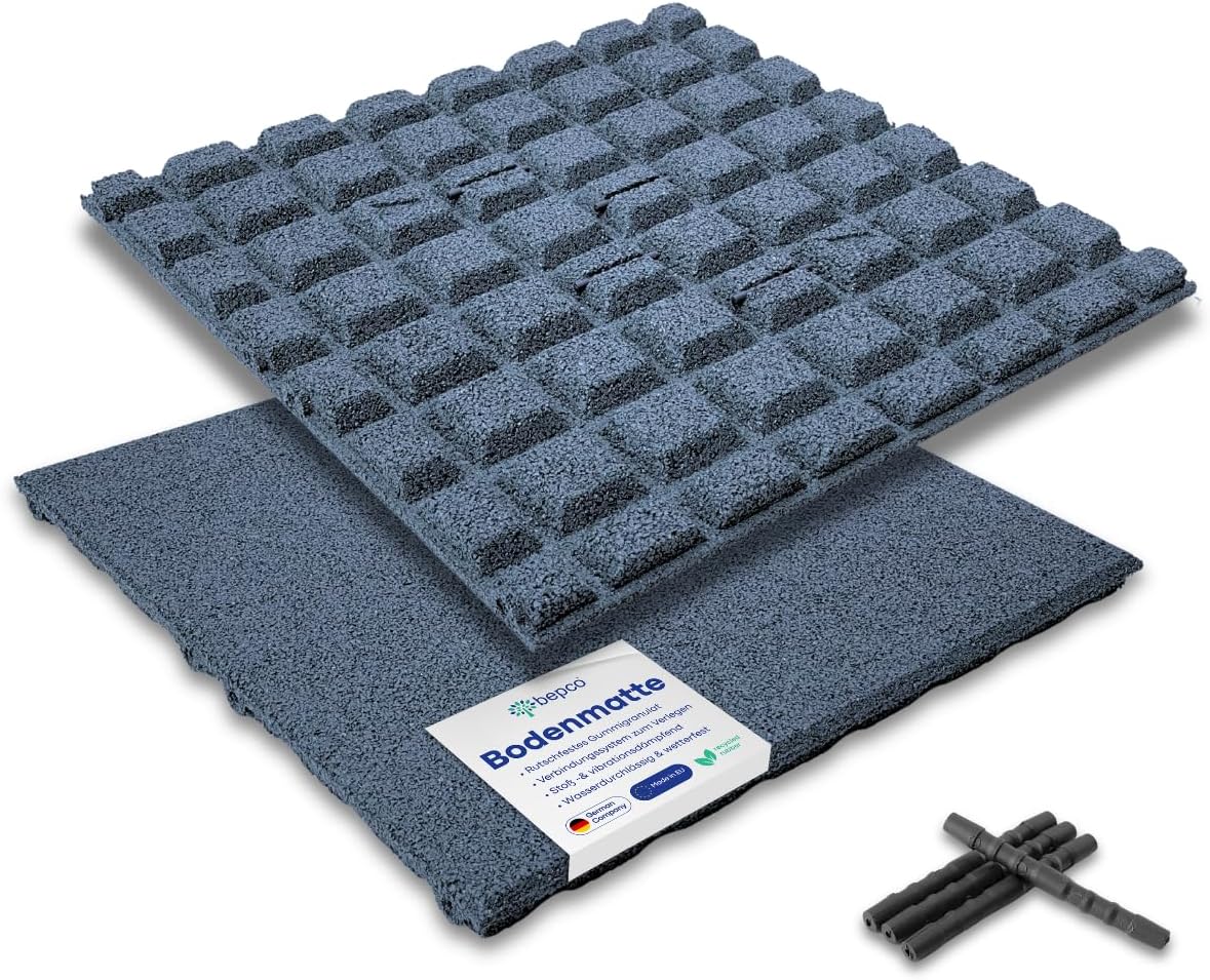 bepco Fall Protection Mat Set of 4 - Rubber Mat Floor Mat Shock Absorbing & Non-Slip with 16 Connecting Pins Made of Recycled Rubber for Paths/Patios/Play & Sports Facilities Grey 50 x 50 x 2.5 cm