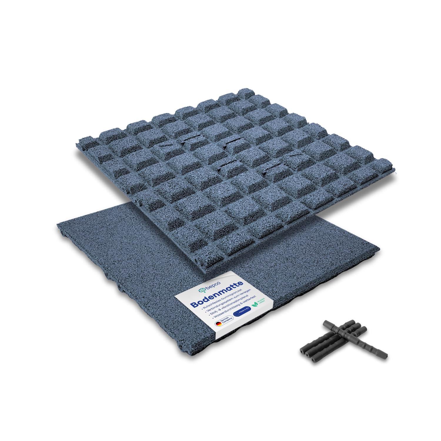bepco Set di 4 tappetini in gomma, ammortizzanti e antiscivolo, con 16 perni di collegamento, in gomma riciclata, per viali/terrazze/giochi e impianti sportivi (grigio, 50 x 50 x 2,5 cm)