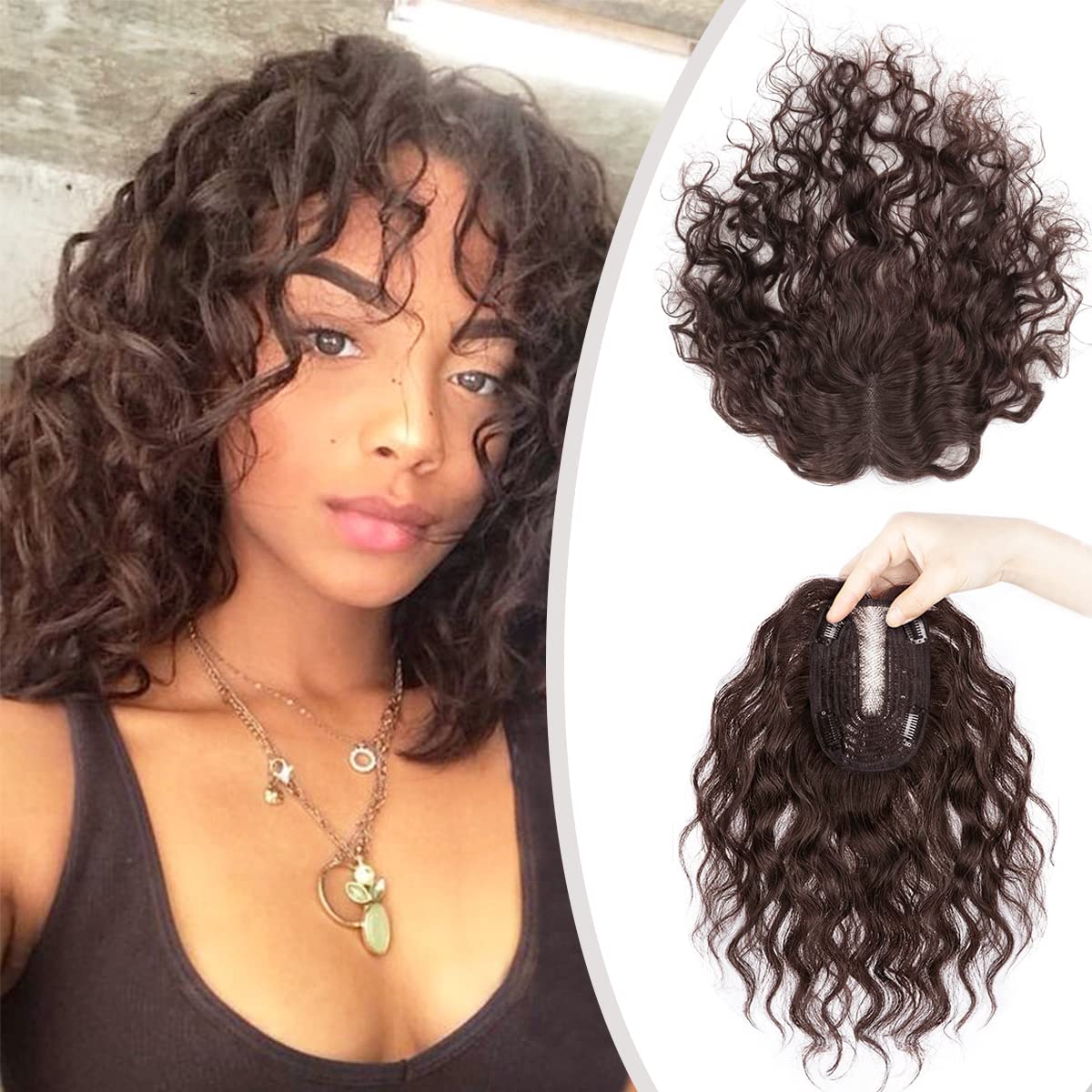 Wave 10″ Short Human Hair Toppers for Women with Thinning Hair,Invisible Add Hair Volume 3.5″x5.5″ Handmade Swiss Net Remy Curly Clip in Top Human Hairpiece for Covering Loss Hair Dark Brown