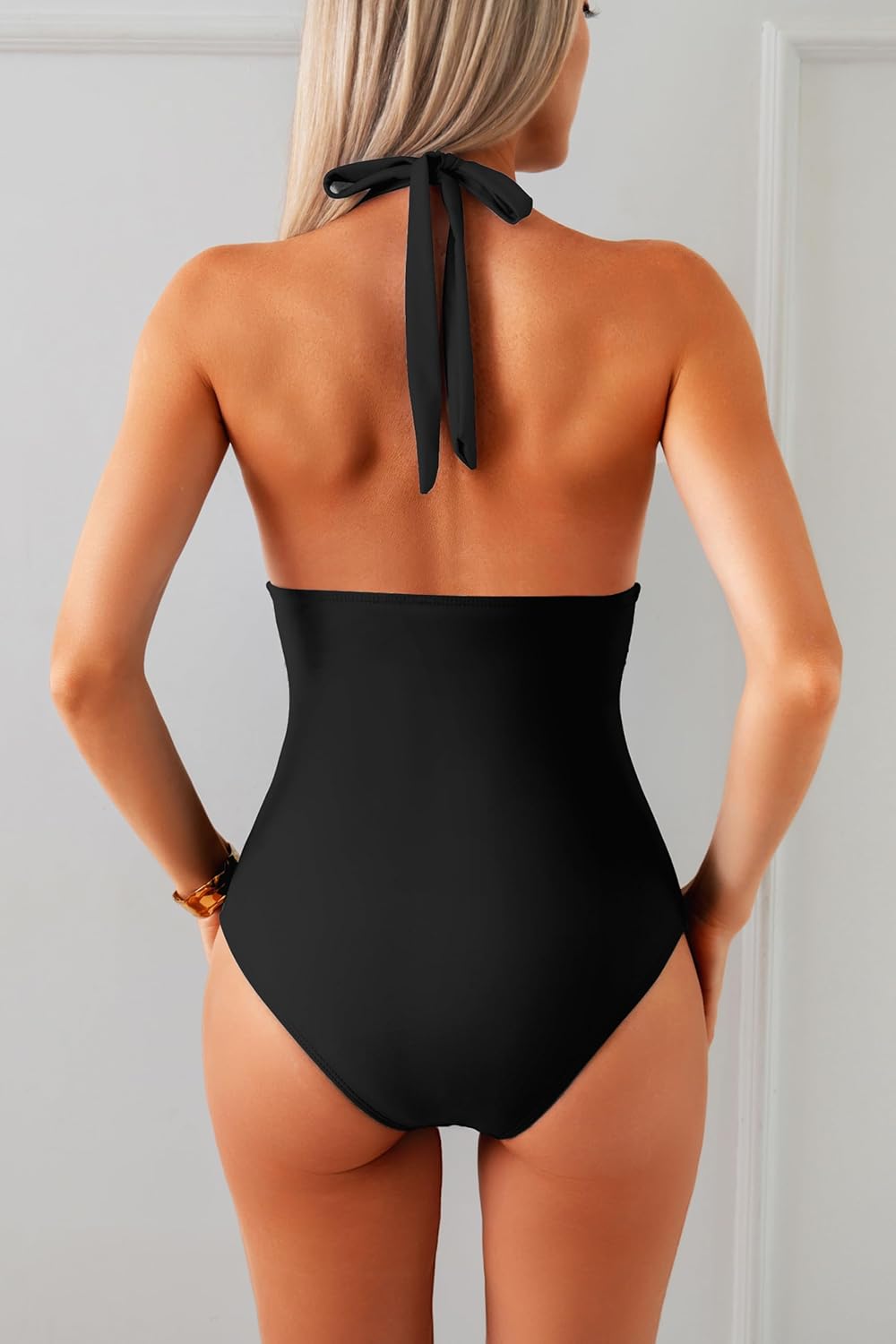 Women's One Piece Swimsuit Sexy Tummy Control Bathing Suit V Neck Halter Monokini Color Block Metal Cutout Swim Suit - Image 3