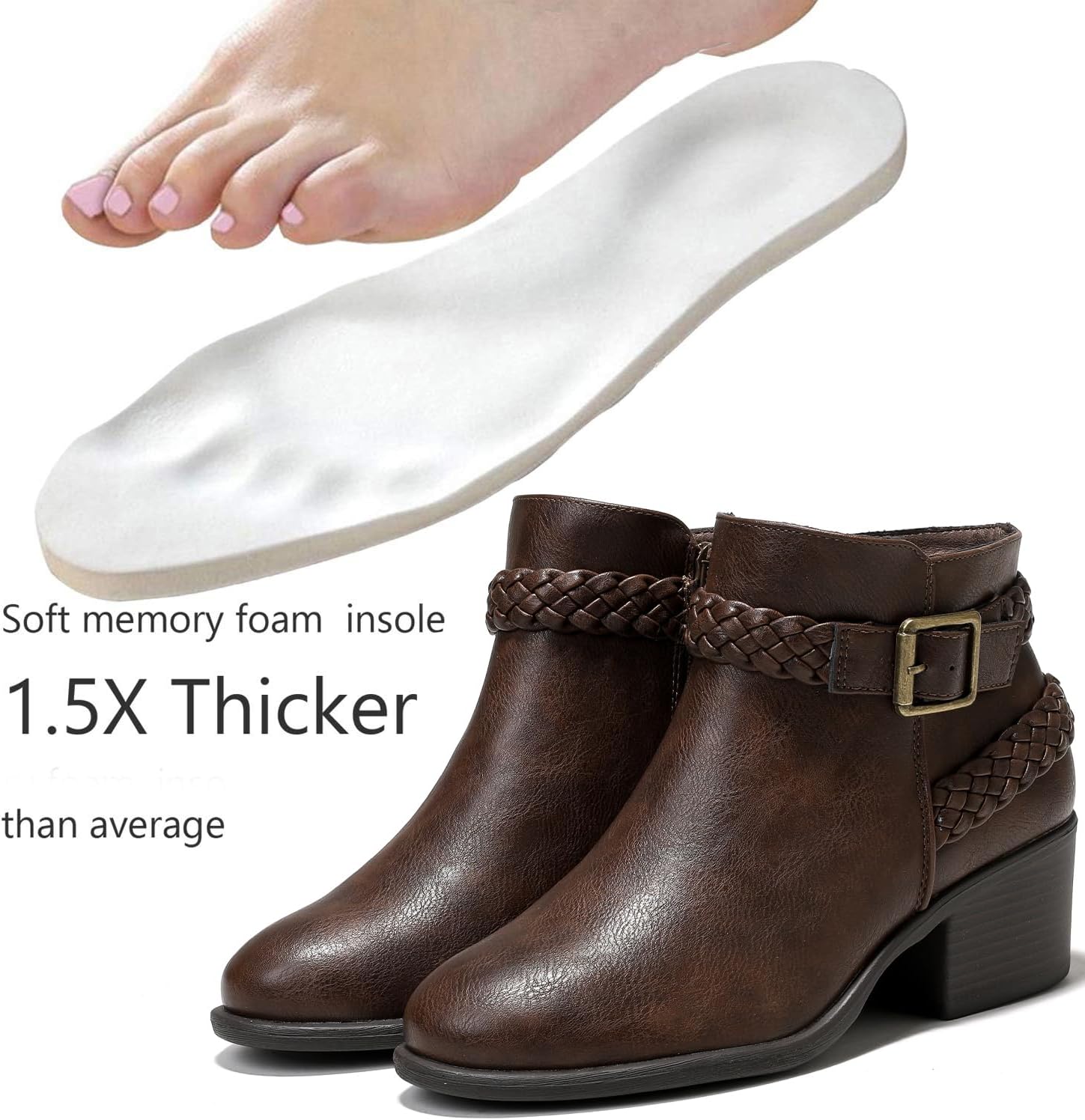 Luoika Women's Wide Width Ankle Boots - Black Brown Short Boots Block Low Heel Side Zipper Booties. - Image 5