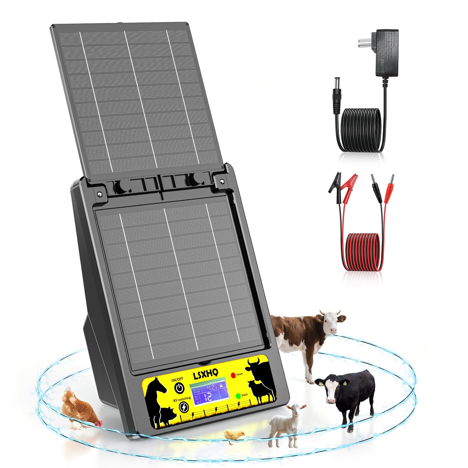 Elettrificatore per Recinti Solare 32 KM, 0.3-2J, 6KV-12KV Regolabile, Portata, Elettrificatore con Pannello Solare 10W, Batteria al Litio 18000mAh, Protezione Sicura per Giardini, Pollame(Nero)