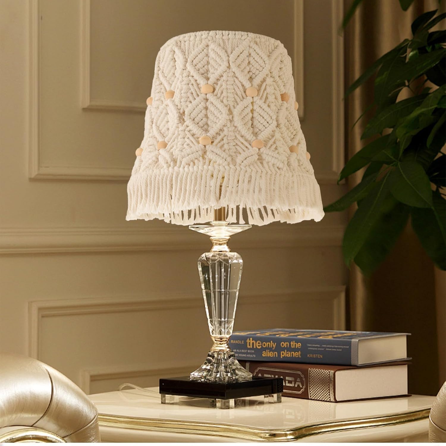 Medium Macrame Lamp Shade, Boho Ivory-White Weave Lampshade with Wooden Bead & Tassel Decoration, 7.5 x 12 x 11 Inches, Easy Installation for Table and Floor Lamps