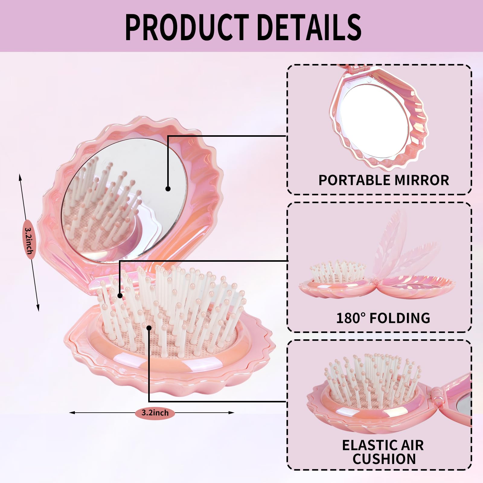 Maji Mama Foldable Travel Hair Brushes with Mirror Shell Shape Portable Folding Pocket Hair Brush Mini Hair Comb Compact Size Hair Massage Comb - Image 3