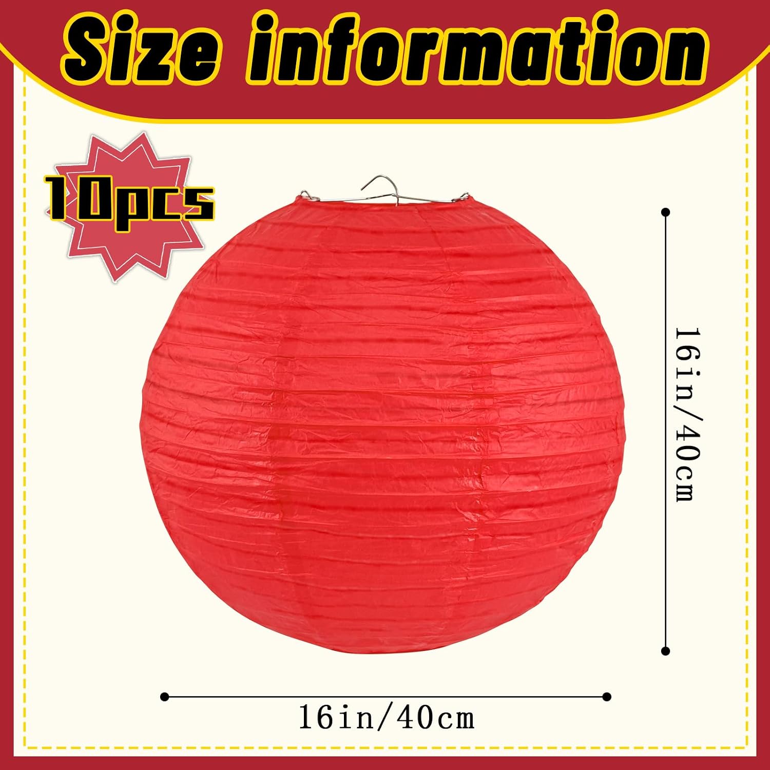 Peywot 10Pcs 16 Inch Paper Lanterns, Jumbo Hanging Paper Lanterns for Wedding, Birthday, Baby Shower, Bridal Shower, Home, Restaurant, Church, Chinese Japanese Party Decorations (Red)
