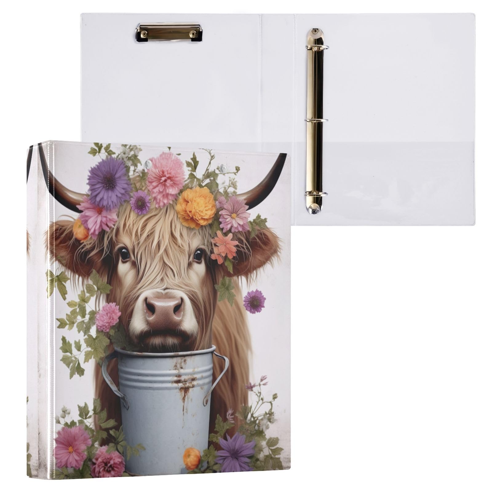 Highlands Cow and Flowers Cute 3 Ring Binder 1.5 Inch Holds 200 Sheets Round Rings Recipe Book Binder