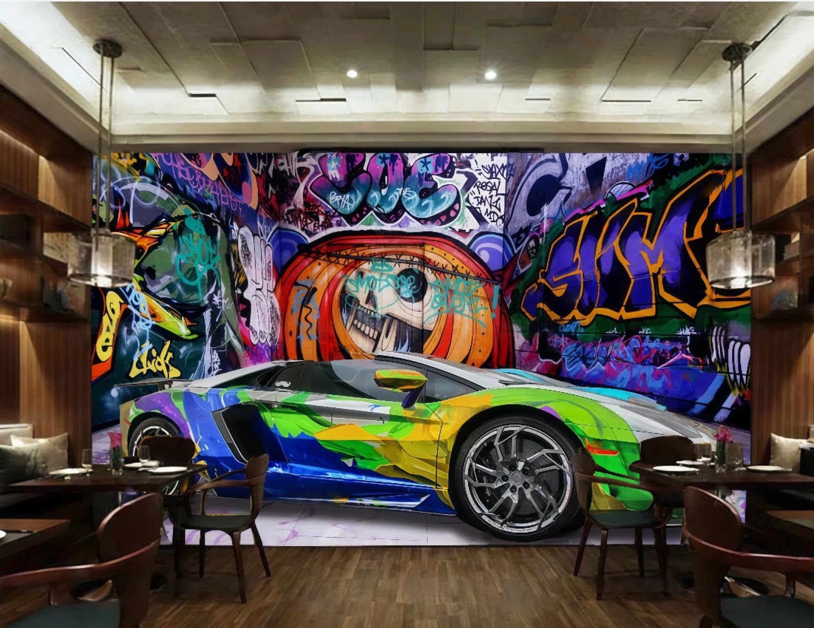 Rskjdghshd 3D Wallpaper Retro Nostalgic Colorful Car Graffiti Bar Catering Afternoon Tea Drink Shop Background Wall Western Restaurant Wallpaper Cafe Mural,,250X175cm